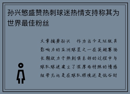 孙兴慜盛赞热刺球迷热情支持称其为世界最佳粉丝